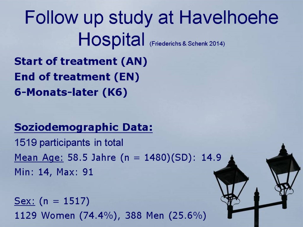 Follow up study at Havelhoehe Hospital (Friederichs & Schenk 2014) Start of treatment (AN)